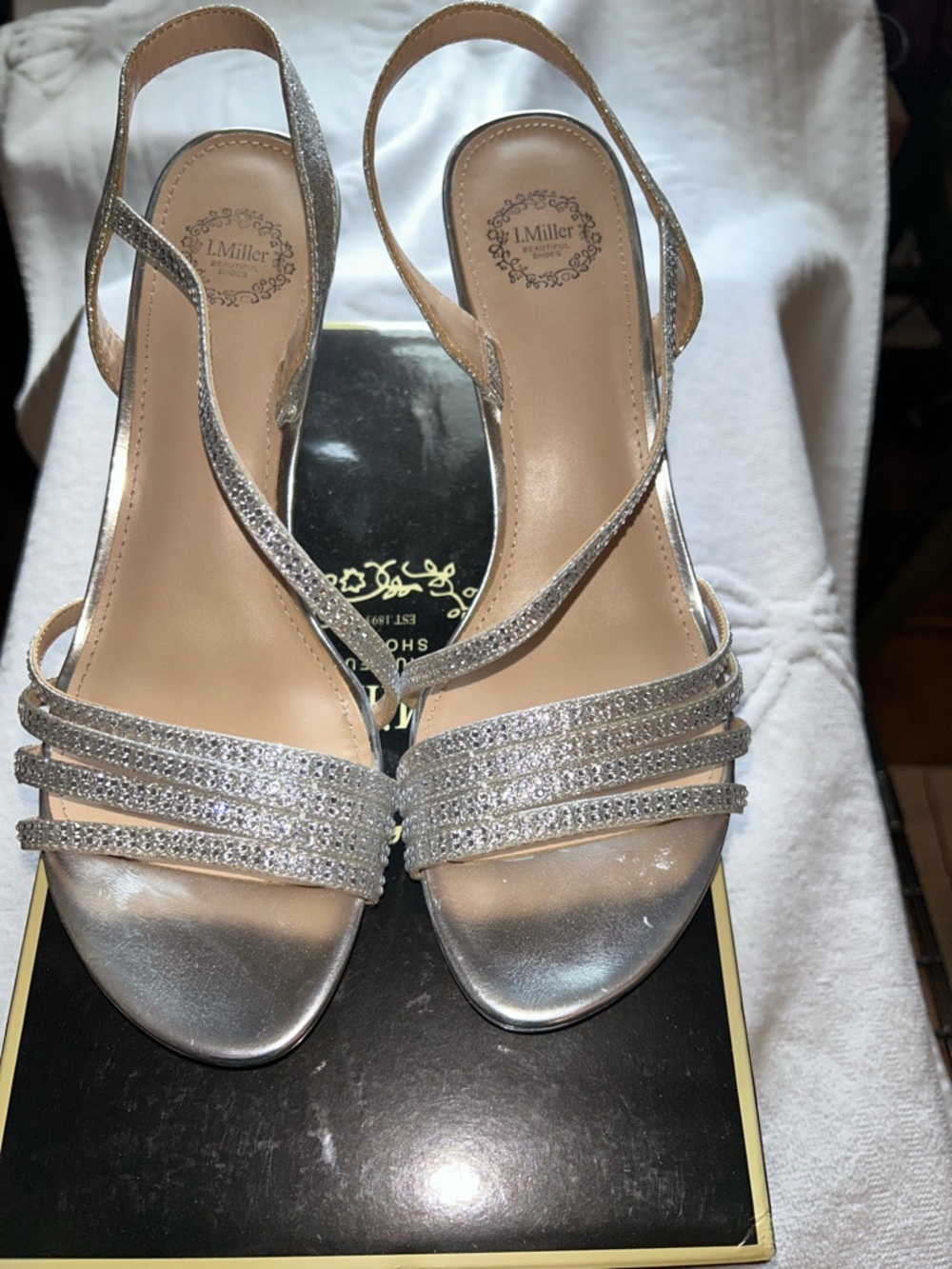 J. Miller Silver Rhinestone Strappy Slingback Heels